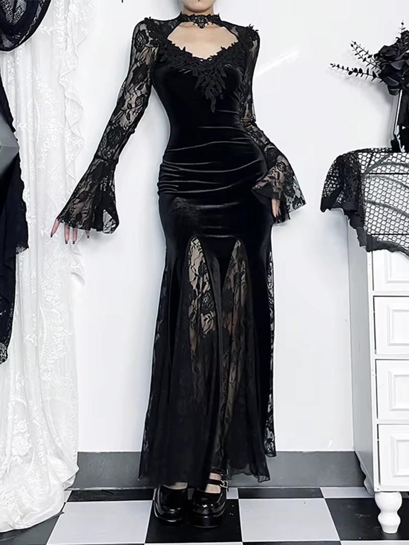 Aesthetic Gothic Midi Dress Women Vintage Elagnt Lace Patchwork See through Flare Sleeve High Waist Clubwear Dress Femme