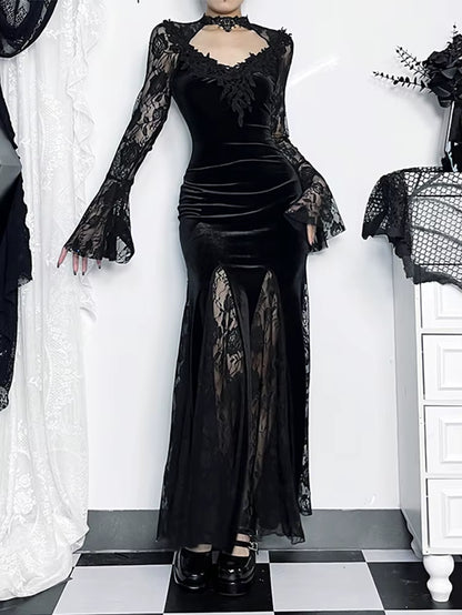 Aesthetic Gothic Midi Dress Women Vintage Elagnt Lace Patchwork See through Flare Sleeve High Waist Clubwear Dress Femme