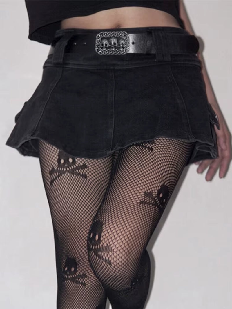 Harajuku Y2K Denim Skirt Women Dark Gothic Streetwear Mini Skirt with Skull Belt Mall Goth Punk Grunge Sexy Emo Clubwear