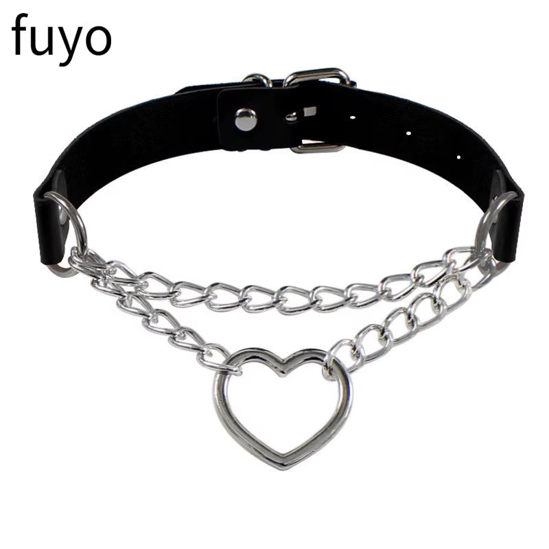 New Goth Choker Necklace Men Punk Rock Heart Geometry PU Necklace for Women Choker Gothic Bondage Goth Chocker Neck Jewelry