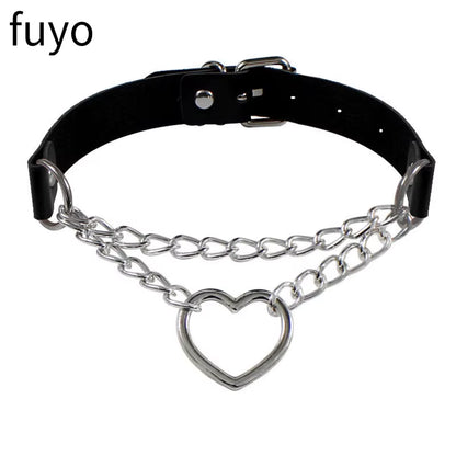 New Goth Choker Necklace Men Punk Rock Heart Geometry PU Necklace for Women Choker Gothic Bondage Goth Chocker Neck Jewelry
