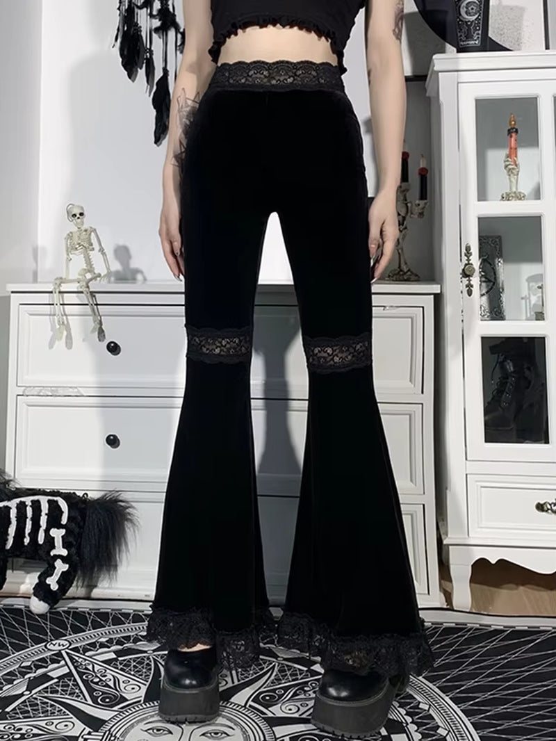 Harajuku Punk Gothic Flare Pants Women Grunge Street Vintage Mall Goth Lace Patchwork Hollow Out Dark Black Velvet Pants