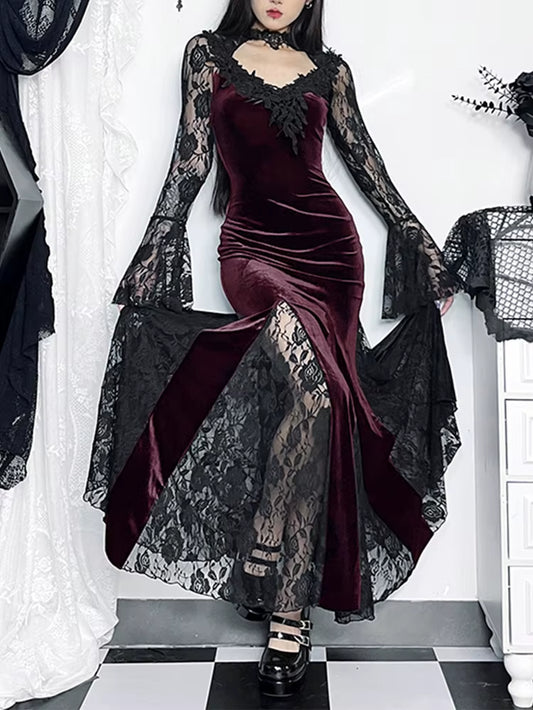 Aesthetic Gothic Midi Dress Women Vintage Elagnt Lace Patchwork See through Flare Sleeve High Waist Clubwear Dress Femme