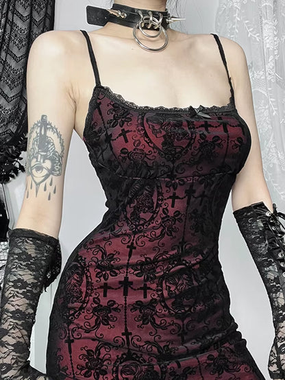 Vintage Elegant Goth Dress Women Sexy Streetwear Fairy Grunge Aesthetic Cross Pattern Spaghetti Strap Party Dress Female