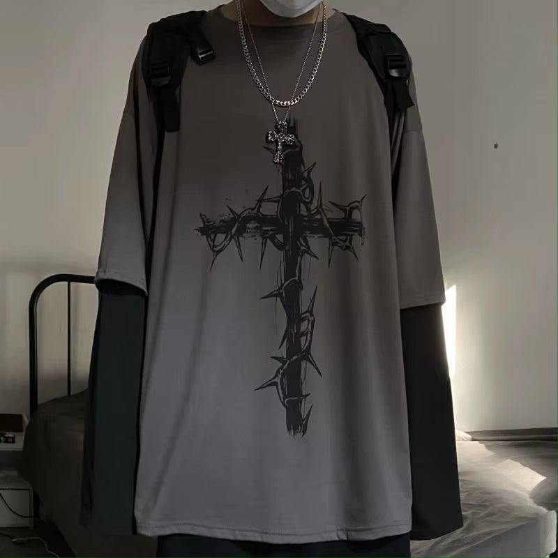 Grunge Clothes Women Long Sleeve Emo T-Shirt Casual Harajuku Men Aesthetic Pray Goth Top Alt Street Fashion Tshirts Indie Punk