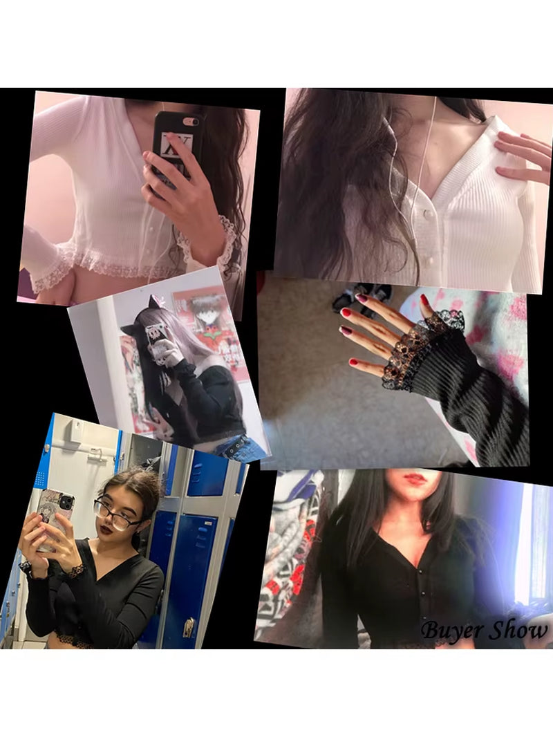 Gothic Dark Black Punk Sexy Lace Patchwork Knitted T-Shirt Women Long Sleeve V-Neck Slim Street Bottom Cardigan Female