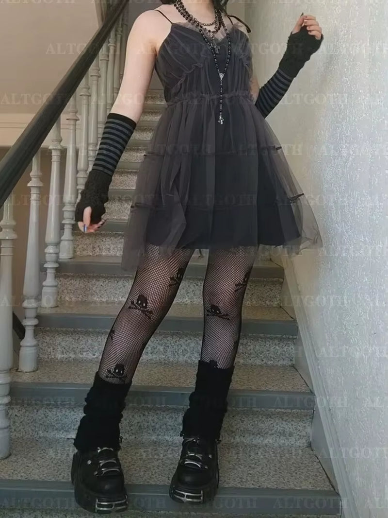 Y2K Gothic Mesh Dress Women Fairycore Grunge Streetwear Sexy Spaghetti Strap High Waist A-Line Dress Soft Goth Outfits