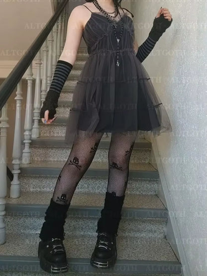 Y2K Gothic Mesh Dress Women Fairycore Grunge Streetwear Sexy Spaghetti Strap High Waist A-Line Dress Soft Goth Outfits