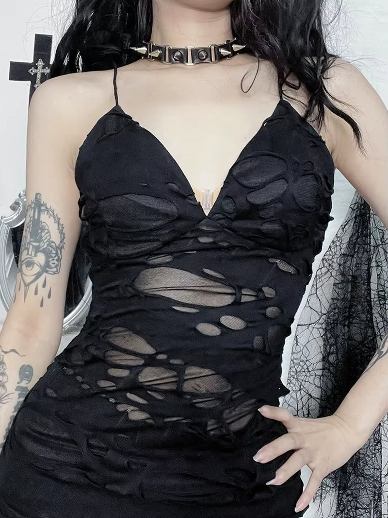 Punk Sexy Bodycon Dress Women Mall Gothic Streetwear Tattered Strapless Mini Dress Harajuku Y2K Emo Alt Clubwear Female