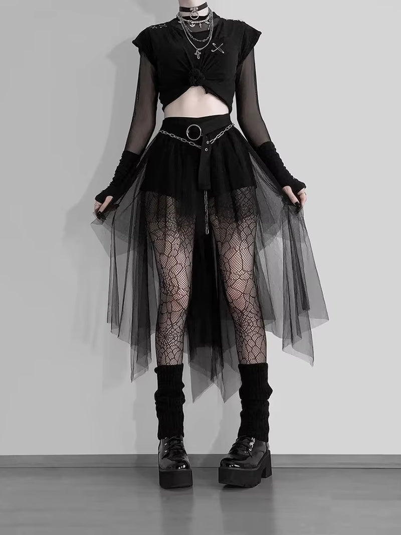 Harajuku Gothic Mesh Skirt Women Cyberpunk Y2K E-Girl High Waist Irregular Skirt Emo Alternative Indie Clubwear Female