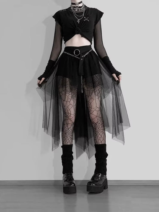 Harajuku Gothic Mesh Skirt Women Cyberpunk Y2K E-Girl High Waist Irregular Skirt Emo Alternative Indie Clubwear Female