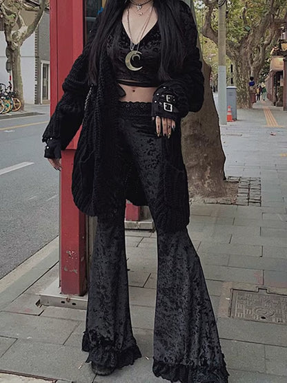 Harajuku Punk Gothic Flare Pants Women Grunge Street Vintage Mall Goth Lace Patchwork Hollow Out Dark Black Velvet Pants