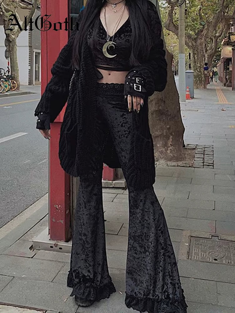 Harajuku Punk Gothic Flare Pants Women Grunge Street Vintage Mall Goth Lace Patchwork Hollow Out Dark Black Velvet Pants