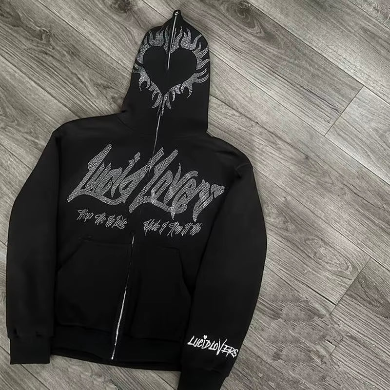 Y2K Jacket Men Hoodies Emo Zip Hoodie Rhinestone Pattern Goth Sweatshirt Sport Coat Pullover Gothic Long Sleeve Oversized Hoodie