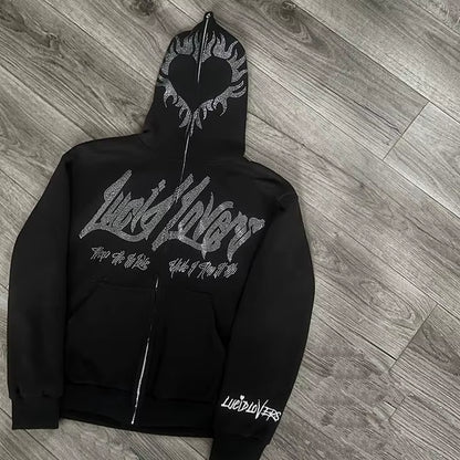 Y2K Jacket Men Hoodies Emo Zip Hoodie Rhinestone Pattern Goth Sweatshirt Sport Coat Pullover Gothic Long Sleeve Oversized Hoodie