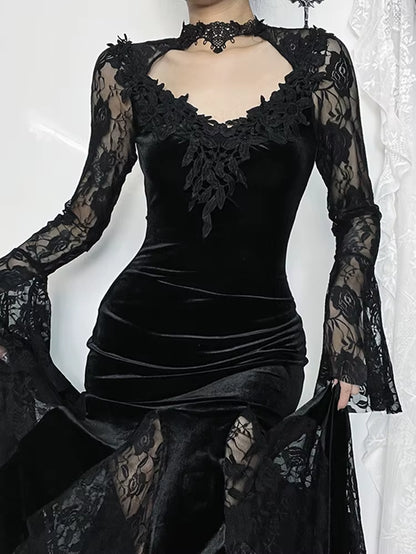 Aesthetic Gothic Midi Dress Women Vintage Elagnt Lace Patchwork See through Flare Sleeve High Waist Clubwear Dress Femme