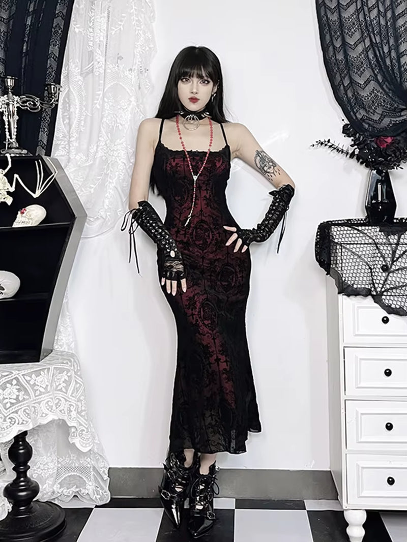Vintage Elegant Goth Dress Women Sexy Streetwear Fairy Grunge Aesthetic Cross Pattern Spaghetti Strap Party Dress Female