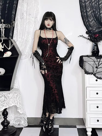 Vintage Elegant Goth Dress Women Sexy Streetwear Fairy Grunge Aesthetic Cross Pattern Spaghetti Strap Party Dress Female