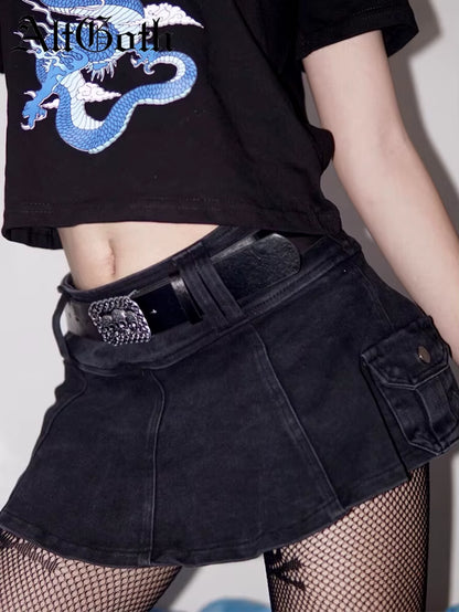 Harajuku Y2K Denim Skirt Women Dark Gothic Streetwear Mini Skirt with Skull Belt Mall Goth Punk Grunge Sexy Emo Clubwear