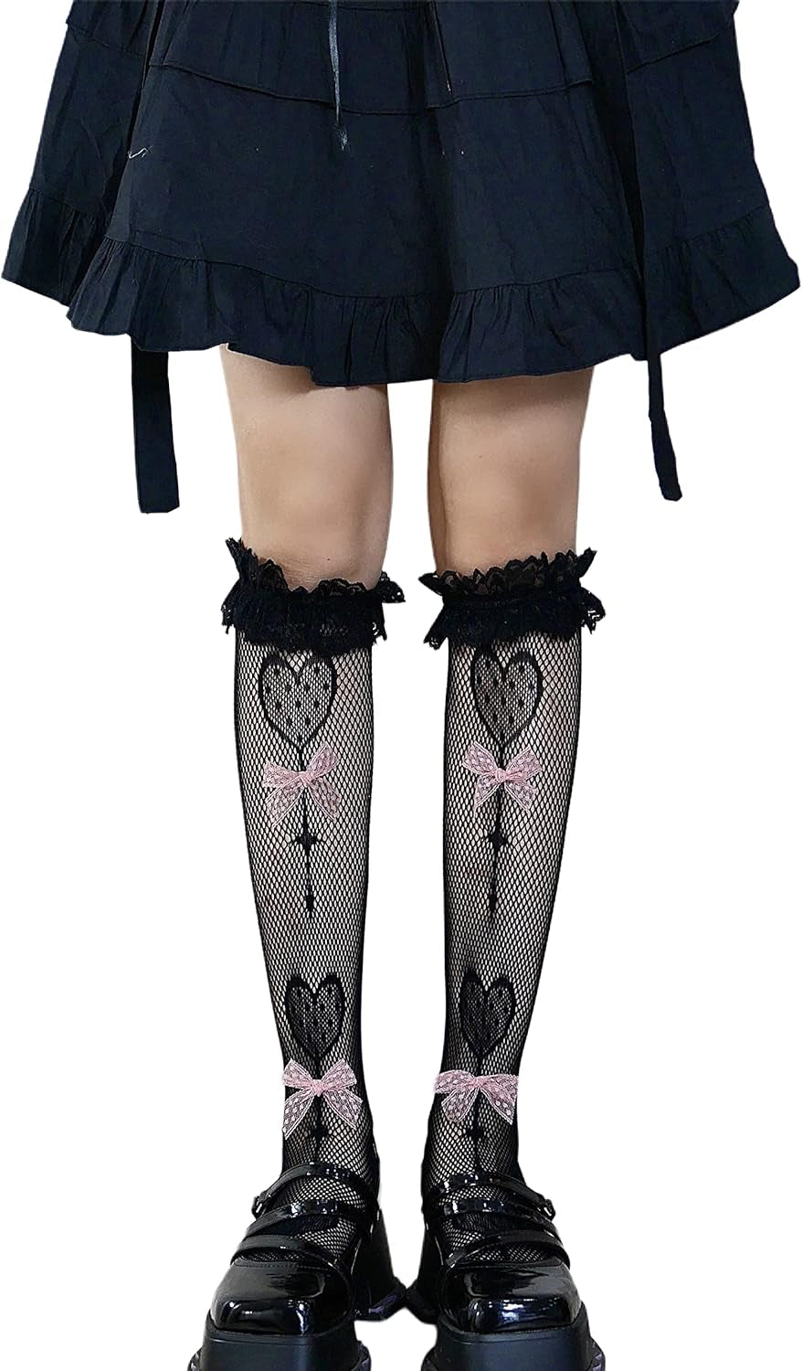Lace Calf Socks, Lolita Goth Bows Cute Heart Knee High Sock Thigh High Loose Stocking for Student Girl Lady (PINK BOW)