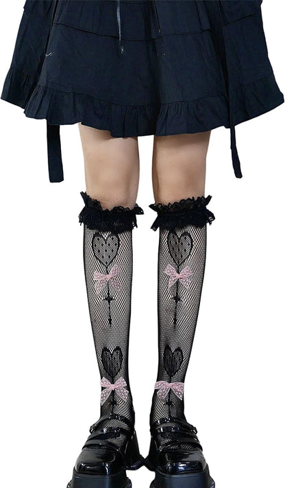 Lace Calf Socks, Lolita Goth Bows Cute Heart Knee High Sock Thigh High Loose Stocking for Student Girl Lady (PINK BOW)