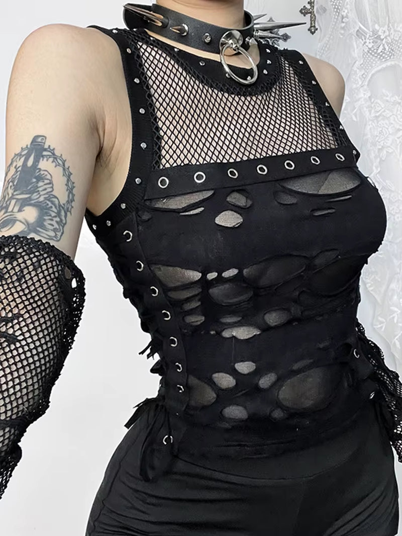 Cyber Y2K Hole Vest Women Streetwear Harajuku Vintage Gothic Sexy O-Neck Mesh Patchwork See through Crop Tank Tops Femme