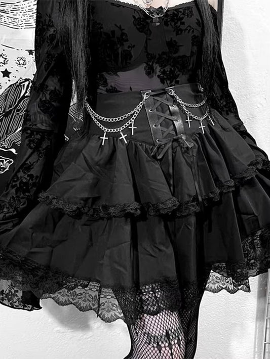 Halloween Dark Gothic Skirt Women Vintage Streetwear Y2K Cyberpunk Chain Cross Lace-Up Corset Skirt Harajuku Cake Skirt