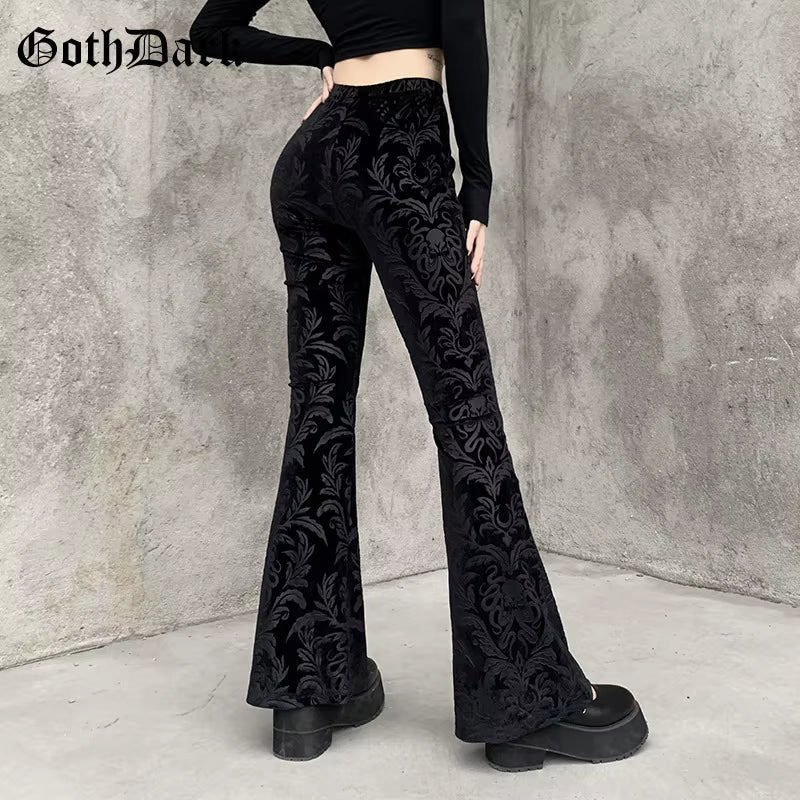Vintage Floral Scratched Mall Gothic Pants Velvet High Waist Skinny Flare Trousers for Women Streetwear Cyber Y2K Pant