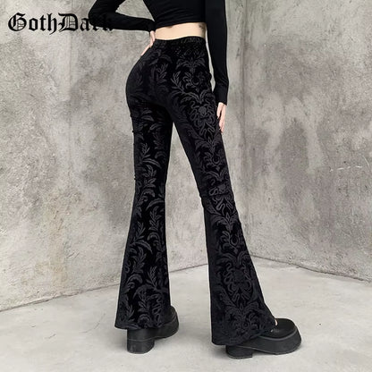 Vintage Floral Scratched Mall Gothic Pants Velvet High Waist Skinny Flare Trousers for Women Streetwear Cyber Y2K Pant