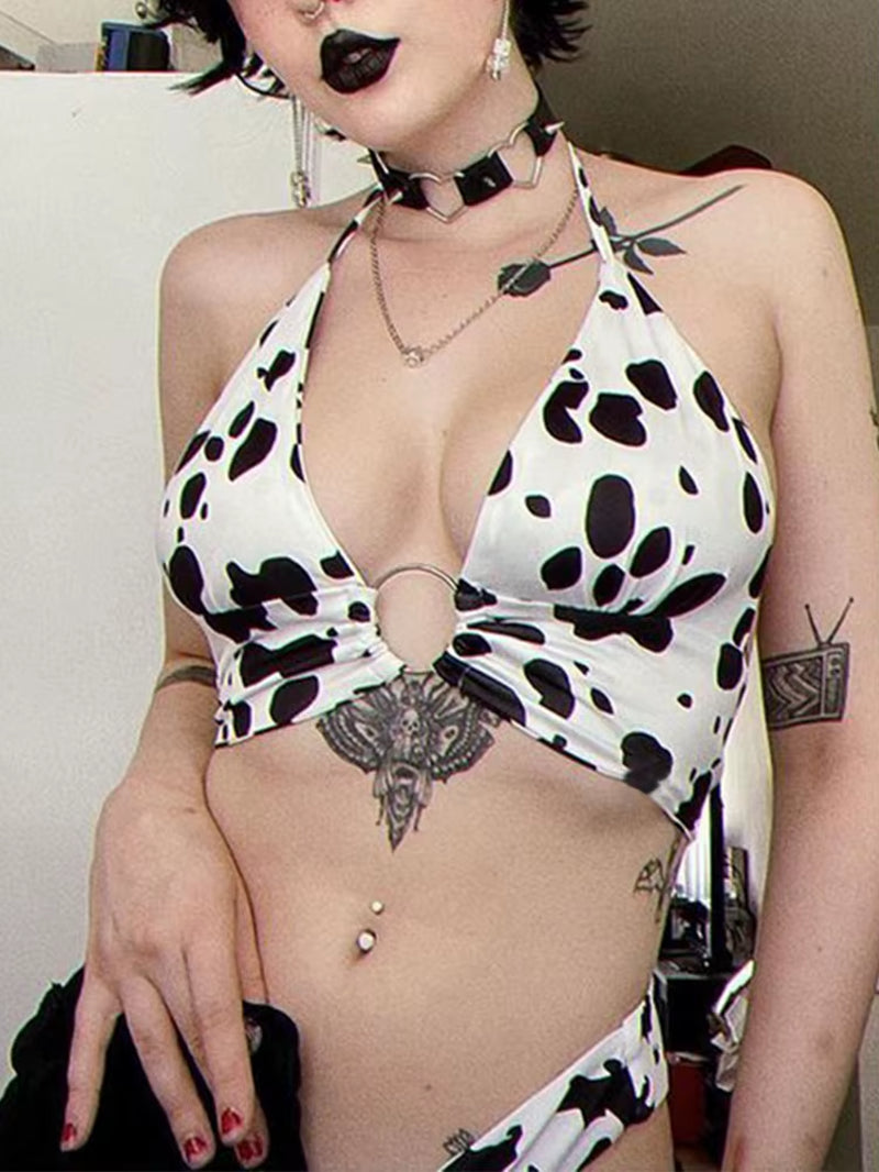 Streetwear Y2K Cow Camis Women Dark Gothic Hollow Out Backless Crop Tank Top Harajuku Vintage Sexy Grunge Emo Alt Outfit