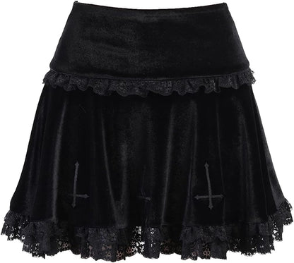 Womens Gothic Skirt Embroidery Ruffle Elegant Vintage Punk Goth Party Mini Skirt