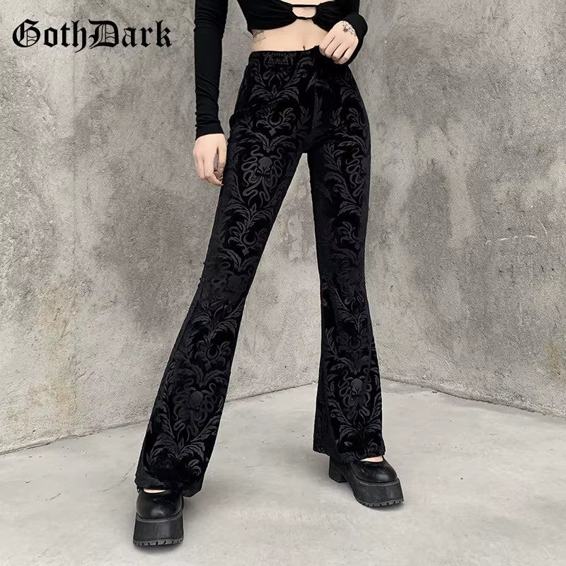 Vintage Floral Scratched Mall Gothic Pants Velvet High Waist Skinny Flare Trousers for Women Streetwear Cyber Y2K Pant
