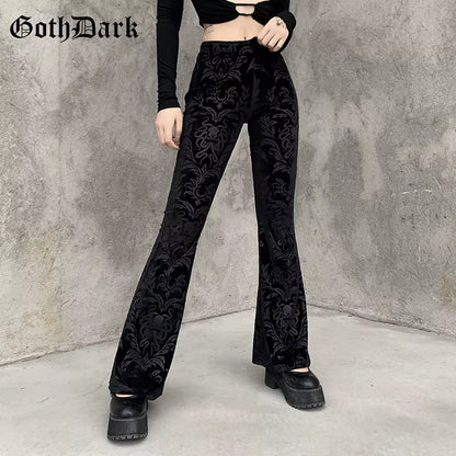 Vintage Floral Scratched Mall Gothic Pants Velvet High Waist Skinny Flare Trousers for Women Streetwear Cyber Y2K Pant