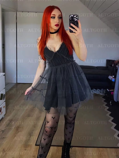 Y2K Gothic Mesh Dress Women Fairycore Grunge Streetwear Sexy Spaghetti Strap High Waist A-Line Dress Soft Goth Outfits