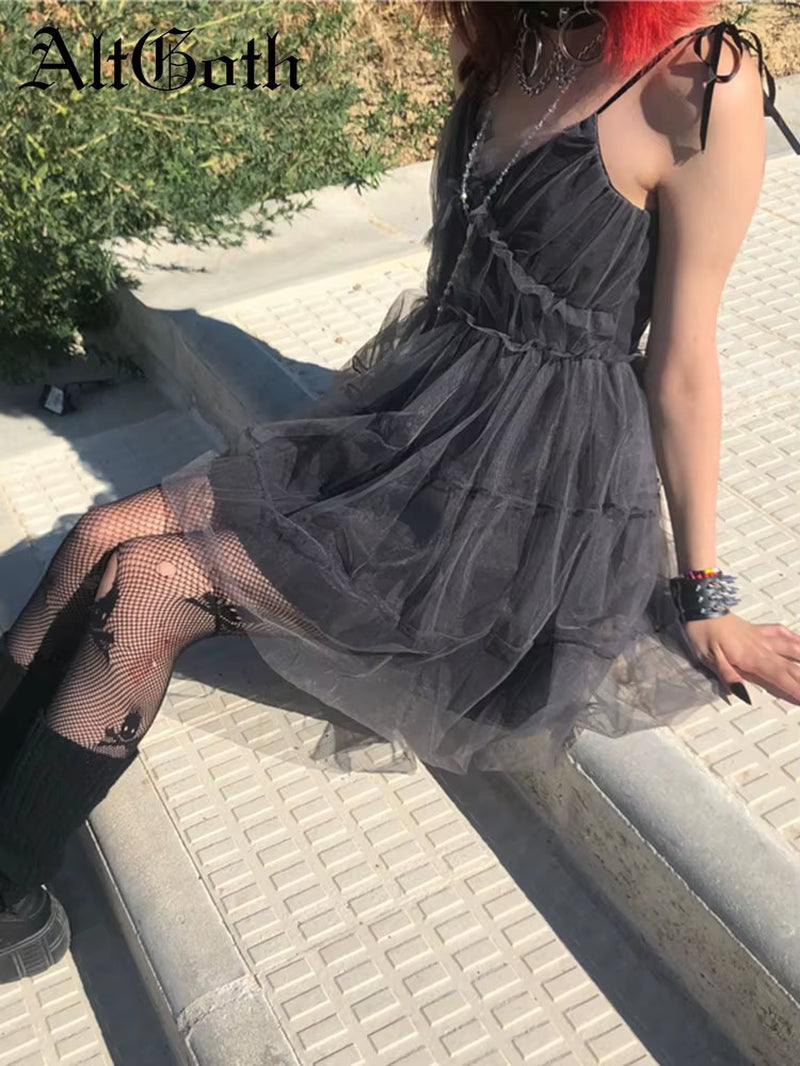 Fairycore Mesh Dress Women Mall Goth Y2K E-Girl Strapless High Waist A-Line Dress Harajuku Streetwear Emo Alt Clubwear