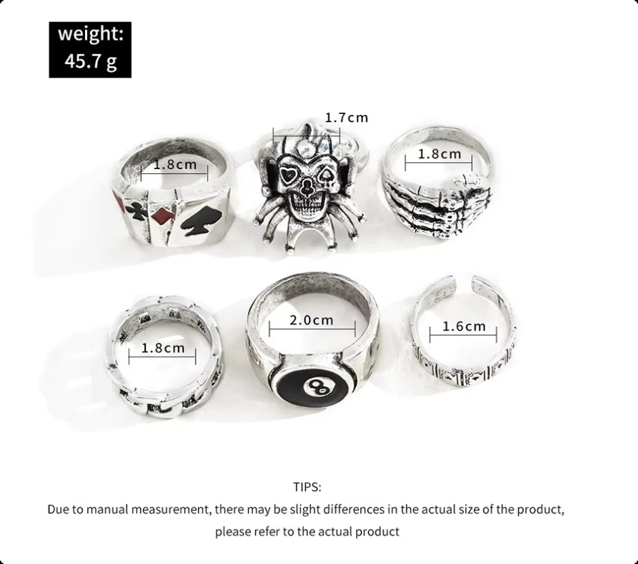 6Pcs Punk Poker Joker Silver Color Rings for Men Goth Skeleton Billiards Set Couple Emo Fashion Jewelry Gift