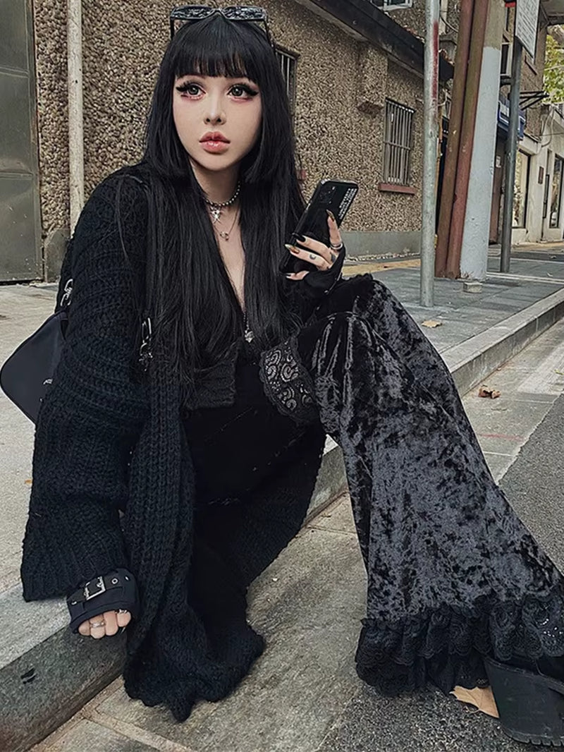 Harajuku Punk Gothic Flare Pants Women Grunge Street Vintage Mall Goth Lace Patchwork Hollow Out Dark Black Velvet Pants