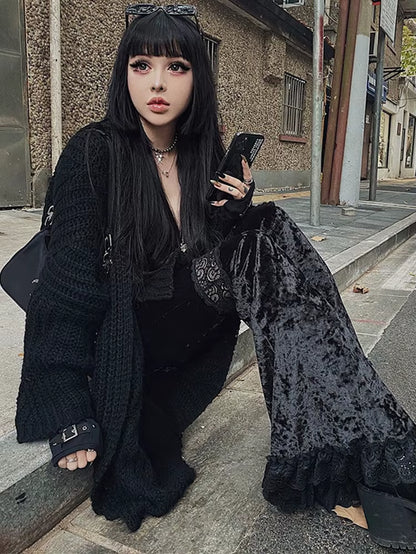 Harajuku Punk Gothic Flare Pants Women Grunge Street Vintage Mall Goth Lace Patchwork Hollow Out Dark Black Velvet Pants