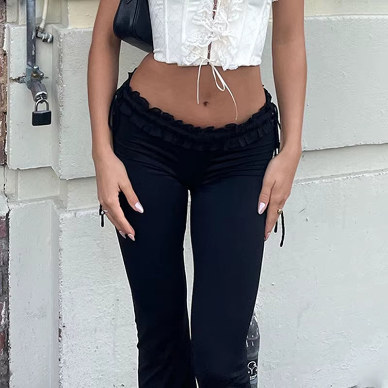 Y2K Ruffles Fairy Pant Sexy Women Pants Gothic Skinny Fashion Boot Cut Trousers Grunge Trim Bandage Streetwear Bottoms