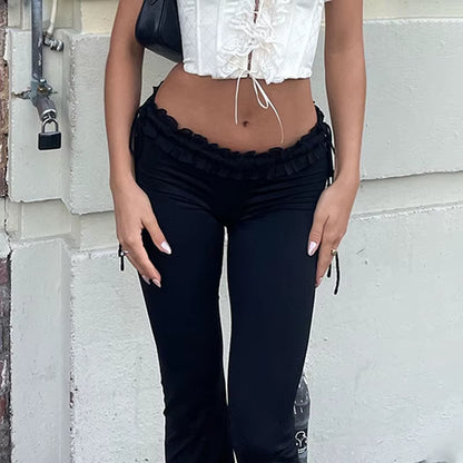 Y2K Ruffles Fairy Pant Sexy Women Pants Gothic Skinny Fashion Boot Cut Trousers Grunge Trim Bandage Streetwear Bottoms
