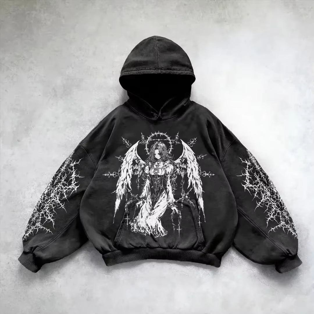 Harajuku Hoodie Skull Y2K Tops Oversized Sweatshirt Goddess Print Hoodies Women Goth New Couples Goth Streetwear Gothic Clothes