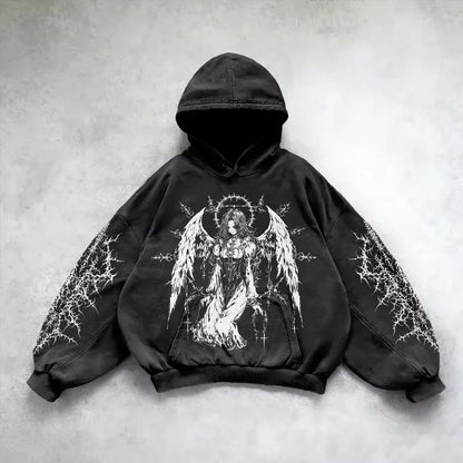 Harajuku Hoodie Skull Y2K Tops Oversized Sweatshirt Goddess Print Hoodies Women Goth New Couples Goth Streetwear Gothic Clothes