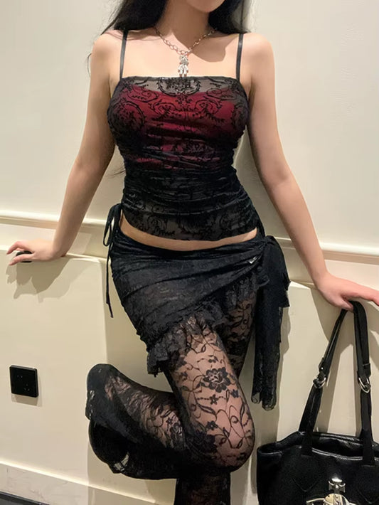 Fairy Grunge Gothic Flocking Camis Women Vintage Aesthetic Elegant Y2K Patchwork See through Irregular Hem Crop Tank Top