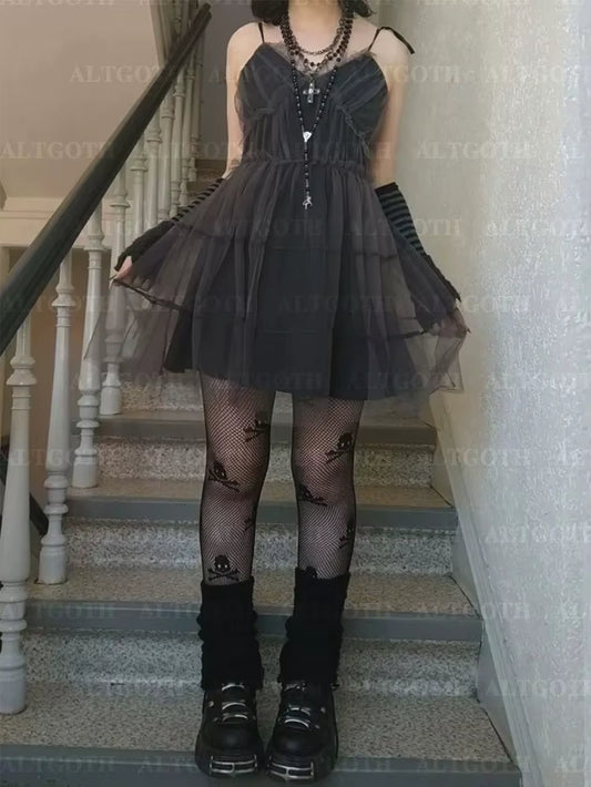 Y2K Gothic Mesh Dress Women Fairycore Grunge Streetwear Sexy Spaghetti Strap High Waist A-Line Dress Soft Goth Outfits