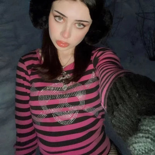 2000S Rhinestones Skull Print Grunge Y2K Clothes Aesthetic T-Shirt Crop Top Vintage Stripe Emo Full Sleeve Harajuku Slim Fit Tee