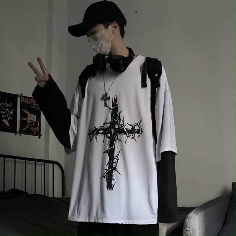Grunge Clothes Women Long Sleeve Emo T-Shirt Casual Harajuku Men Aesthetic Pray Goth Top Alt Street Fashion Tshirts Indie Punk