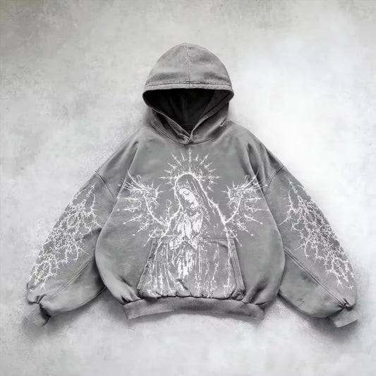 Harajuku Hoodie Skull Y2K Tops Oversized Sweatshirt Goddess Print Hoodies Women Goth New Couples Goth Streetwear Gothic Clothes