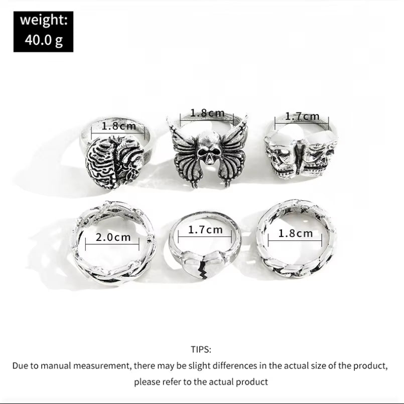 6Pcs Punk Poker Joker Silver Color Rings for Men Goth Skeleton Billiards Set Couple Emo Fashion Jewelry Gift