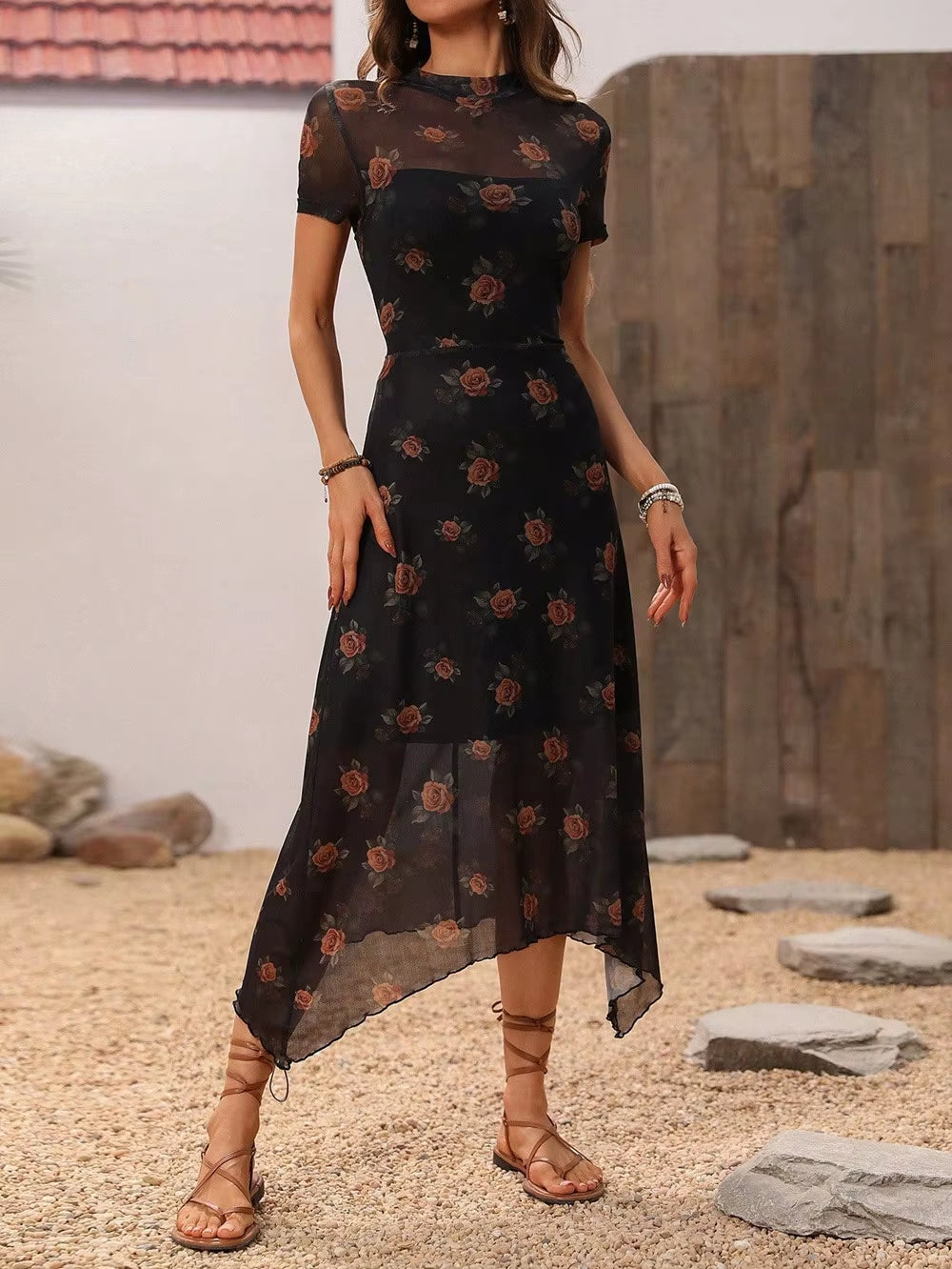 Elegant Fashion Florals Print Short Sleeve Mid Dress Fairy Grunge Mesh Patchwork Double Layer Dresses Gothic Techwear