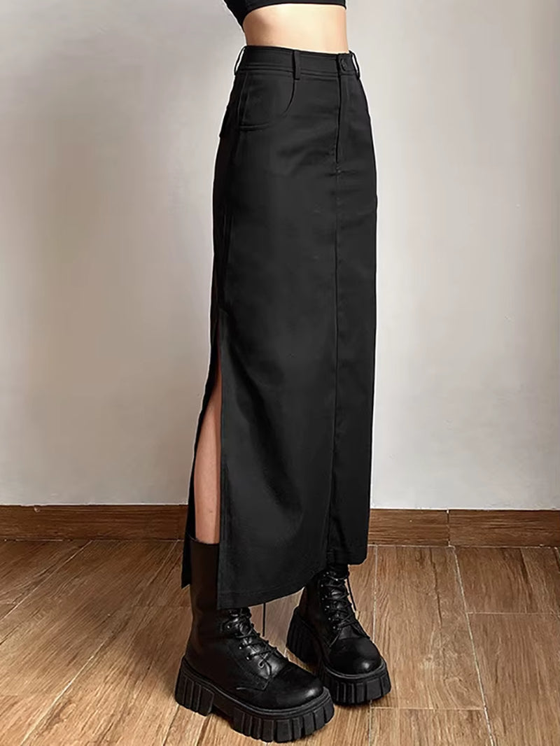 Grunge Casual Tag Split Women Midi Skirts Mall Gothic Punk High Raise Slim Long Skirt Y2K Sexy Fashion Streetwear 2023
